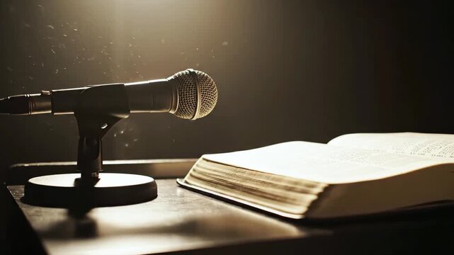 A microphone and an open book on a table, lit by a spotlight. Dust in the air