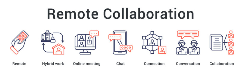 Remote collaboration enabling hybrid work through online meetings and chat for connected conversations. icon sheet multiple style collection