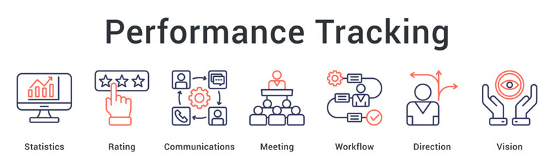 Performance tracking using statistics and ratings through meetings and workflow for directional vision. icon sheet multiple style collection