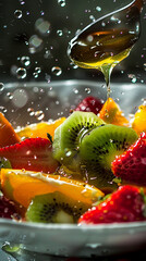 A scene of juicy fruit tossed into a wooden bowl, with droplets suspended in motion. The dynamic splash, vibrant colors, and natural light create an appetizing, wholesome composition
