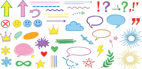 Vibrant collection of hand-drawn vector doodle elements, featuring arrows, speech bubbles, and various symbols, ideal for playful accents in creative digital designs
