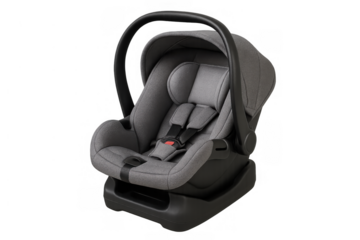 Grey infant car seat, providing baby safety and security for comfortable travel, cutout on transparent background