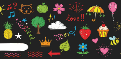 Colorful Doodle Collection Nature, Food, and Love on Dark Background