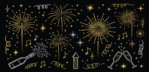 Festive hand-drawn golden fireworks display with sparkling champagne, confetti, and musical notes, perfect for New Year's Eve celebrations and party invitations