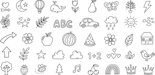 Hand-drawn vector doodle icons representing a variety of elements including nature, weather, food, transportation, and educational symbols for creative projects