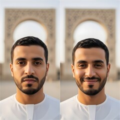 A side-by-side comparison of a young man with a serious expression and a smiling expression in front of an ornate architectural background