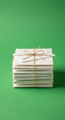 A neatly stacked pile of white envelopes tied with a simple twine bow against a vibrant green background