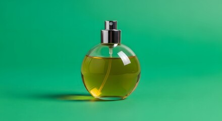 A clear glass perfume bottle filled with green liquid and equipped with a silver spray nozzle, set against a vibrant green background