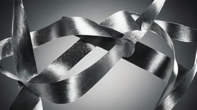 Intertwined, metallic ribbon-like forms swirl against a gradient gray background