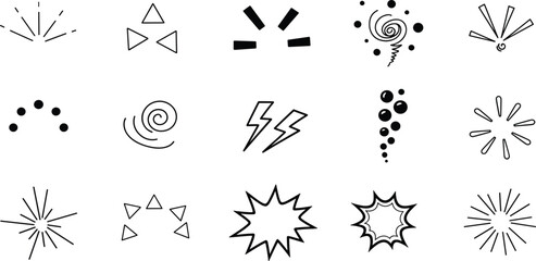 Collection of hand-drawn explosion, starburst, and swirl graphic elements for design