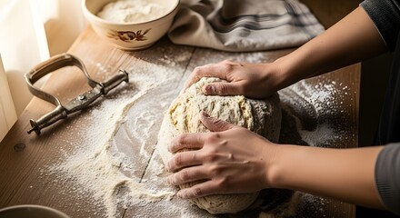 Baker shaping soft dough in warm kitchen setting with natural textures