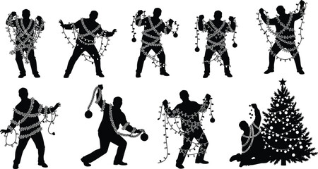 Christmas silhouette decoration poses, festive people wrapped in lights, holiday ornament humor, garland figures, decorated tree scene, seasonal celebration illustration