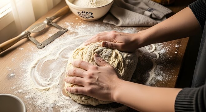 Hands kneading dough on wooden surface during artisanal bread preparation