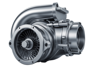 Metal shiny turbocharger car detail on transparent background for auto industry