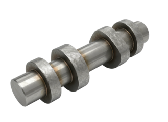 Car camshaft with metal lobes isolated on transparent background for engine repair