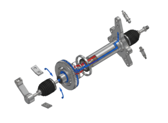 Axle shaft car suspension assembly with some elements in cut view transparent