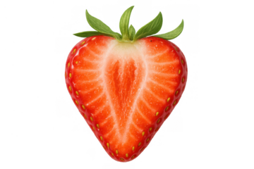 Half strawberry fruit showing vibrant red flesh and green leaves on a transparent background