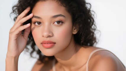 Fototapeta premium Black Woman with Hand on Face in Bright Light