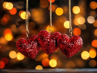 Three Glittering Red Hearts Suspended Against a Bokeh Background