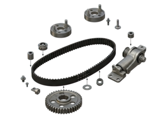 Car timing belt and gears spare parts isolated on transparent background image