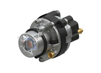 Electro hydraulic actuator with cutaway construction on transparent background