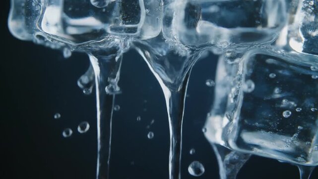 Close-up of melting ice cubes with water dripping down, creating a cool and refreshing visual effect against a dark background.