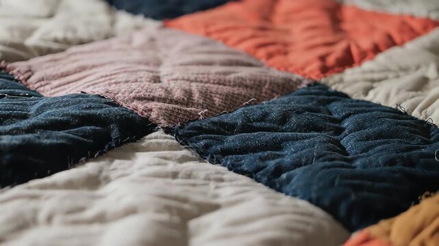 Close-up of a handcrafted quilt with various colorful fabric patches