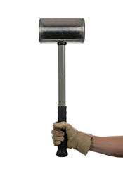 Metal sledge hammer tool held in gloved hand for demolition on transparent surface