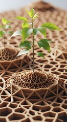 A young plant with vibrant green leaves growing in a biodegradable seedling tray, symbolizing sustainable planting and eco-friendly gardening practices