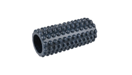 Black hard foam roller for muscle relief massage on transparent background