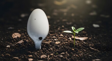 A small green seedling growing next to a white spoon embedded in dark soil, symbolizing growth and new beginnings in nature