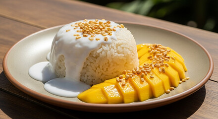 Thai mango sticky rice plated with glossy coconut cream drizzle, ripe golden mango slices fanned out