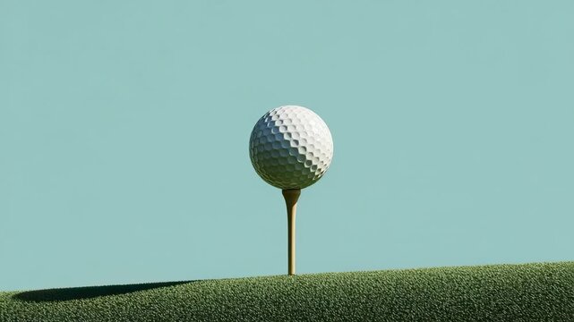 A close-up view of a white dimpled golf ball balanced on a wooden tee set against a backdrop of green turf and a clear light blue sky