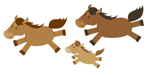 元気に駆けている馬の親子のイラスト素材。2匹の大人の馬と子馬。