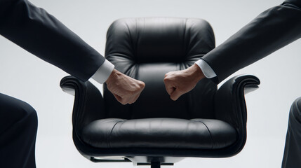 Businessmen in suits doing fist bump behind office chair.