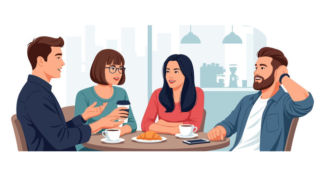 A group of diverse friends enjoying coffee and conversation in a cafe setting illustration