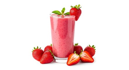 Fresh strawberry smoothie with frothy texture, bright red color, sliced strawberries, glass cup, clean white background, health drink photography.