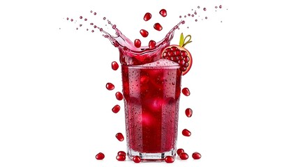 Vibrant red pomegranate juice splash in motion, floating seeds, transparent glass, freeze motion photography, isolated on white background, refreshing drink concept.