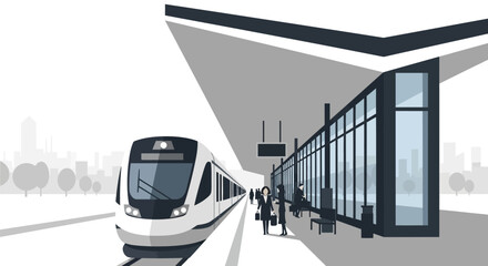 Modern train station illustration with passengers waiting and a arriving train graphic design for © Anisah