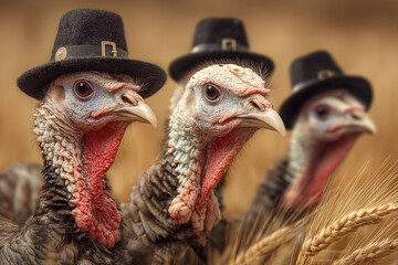 Thanksgiving turkeys wearing pilgrim hats in a golden wheat field. Festive autumn harvest, fall celebration, holiday symbol, traditional Thanksgiving scene
