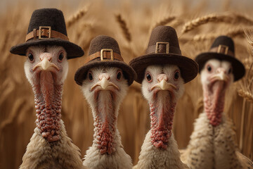 Thanksgiving turkeys wearing pilgrim hats in a golden wheat field. Festive autumn harvest, fall celebration, holiday symbol, traditional Thanksgiving scene