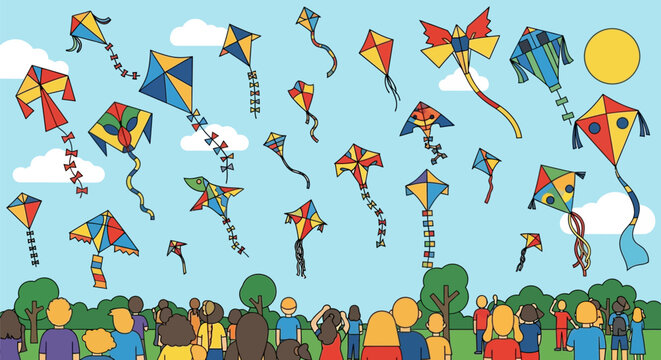 A cheerful illustration featuring people watching vibrant kites soaring in the blue sky on a sunny