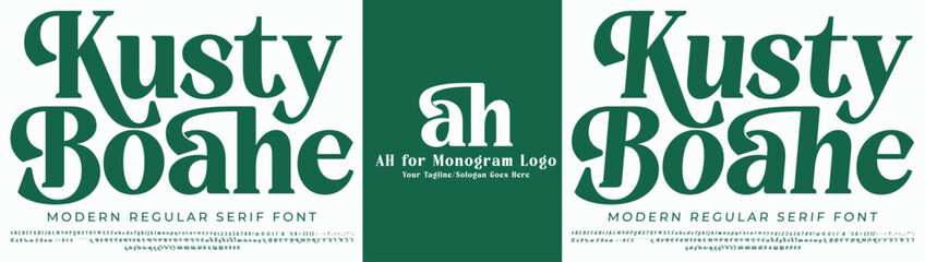 Kusty Fashion Serif Stylish Display Bold Font alphabet with AH Logo