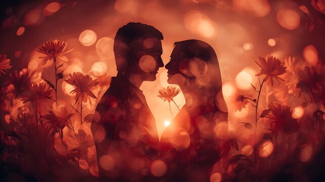 Romantic dreamy silhouette of a couple embracing within a glowing bokeh atmosphere framed by soft flowers, capturing intimate emotion, timeless love, and an enchanting fairytale mood in warm cinematic