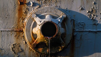 Rusty Industrial Pipe with Leaking Water on Weathered Metal Surface