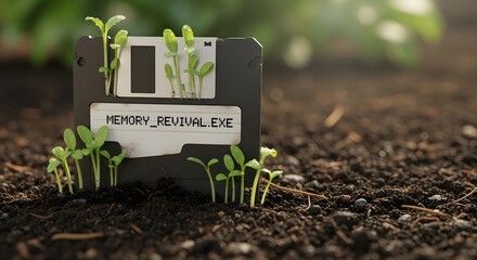 A digital file labeled 'MEMORY_REVIVAL.EXE' surrounded by sprouting seedlings in rich soil, symbolizing growth, renewal, and the concept of digital or mental revival