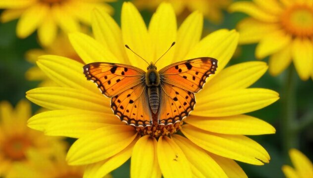Yellow Butterfly on Sunflower A detailed close up of a yellow butterfly perched on a vibrant yellow sunflower, natural lighting, high resolution A vibrant