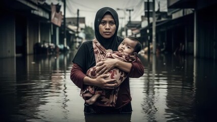 A woman holds her baby in deep water while navigating a flooded street after heavy rain