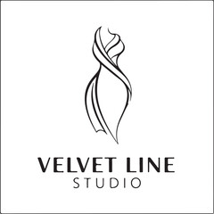 Elegant Velvet Line Studio logo featuring an abstract, flowing feminine dress or silhouette design for fashion, apparel, or boutique branding