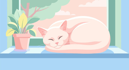 Cozy nap, a tranquil scene of a cat sleeping peacefully on a windowsill indoors in soft pastel hues